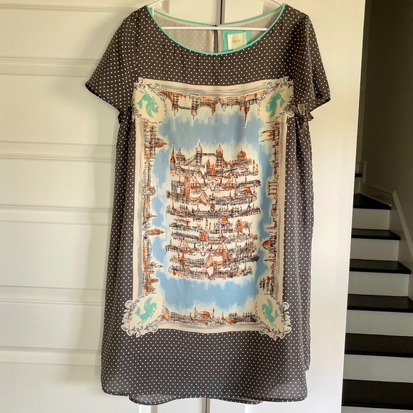 Anthropologie Maeve Around Town Charming Printed Silk Tee Dress ~ Size L - Picture 2 of 10